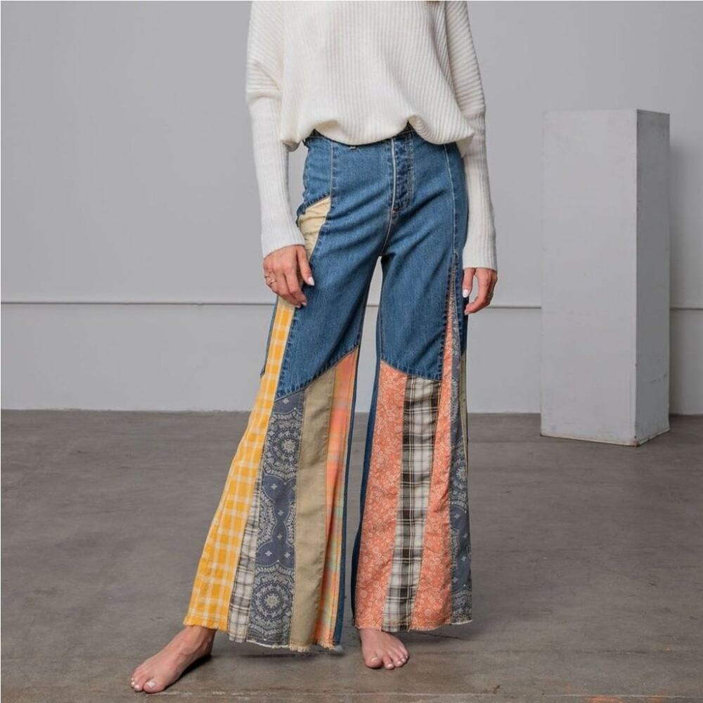 Easel Sz M  Boho Flare Denim & Patchwork Jeans